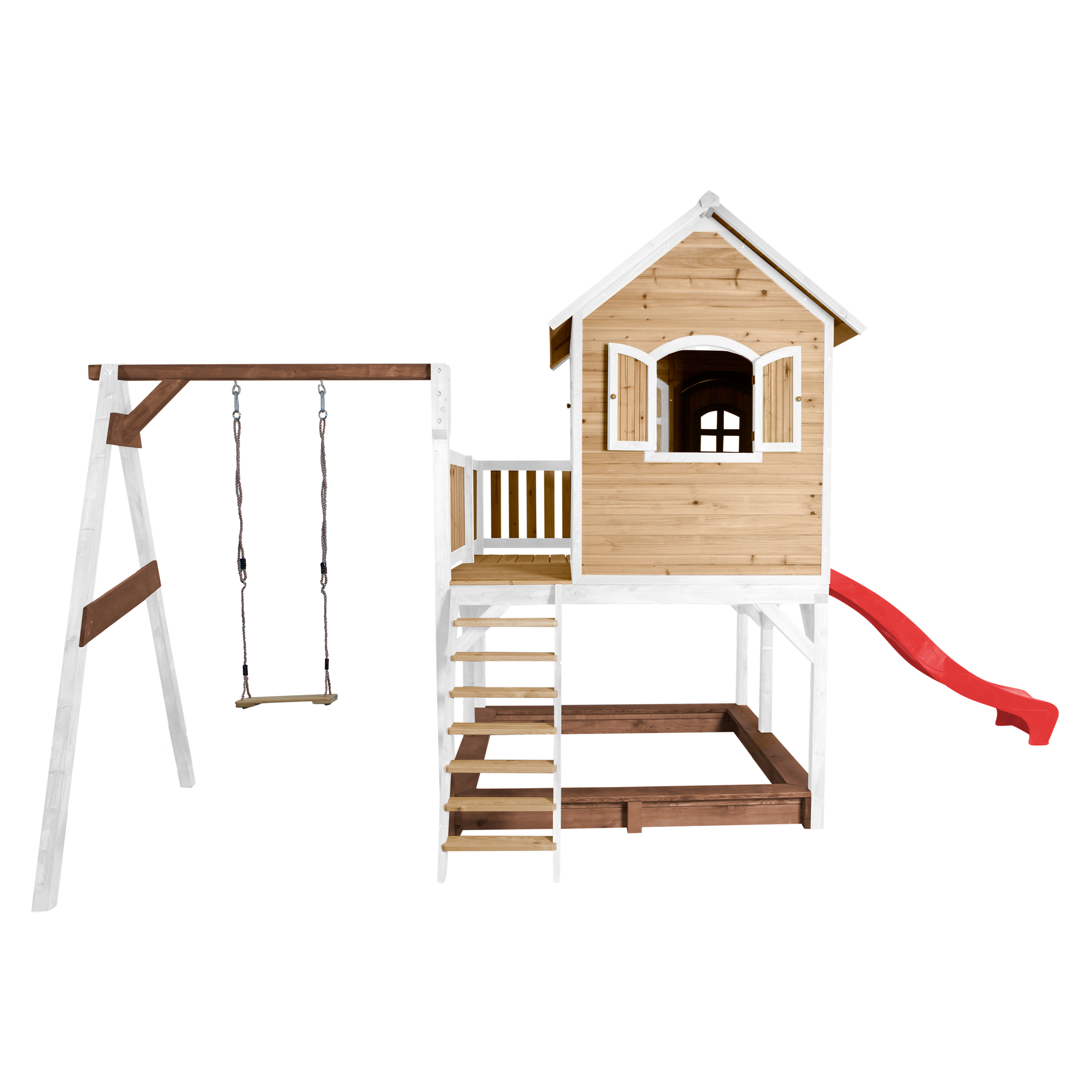 Eine Spielplatzstruktur mit Schaukel, Rutsche und kleinem Haus.