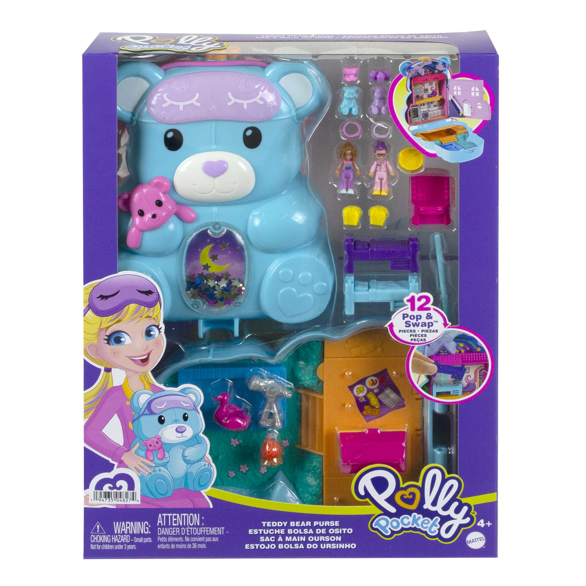 Polly Pocket Spielzeug in Form eines blauen Bären. Enthält Puppe, Zubehör und Haus.