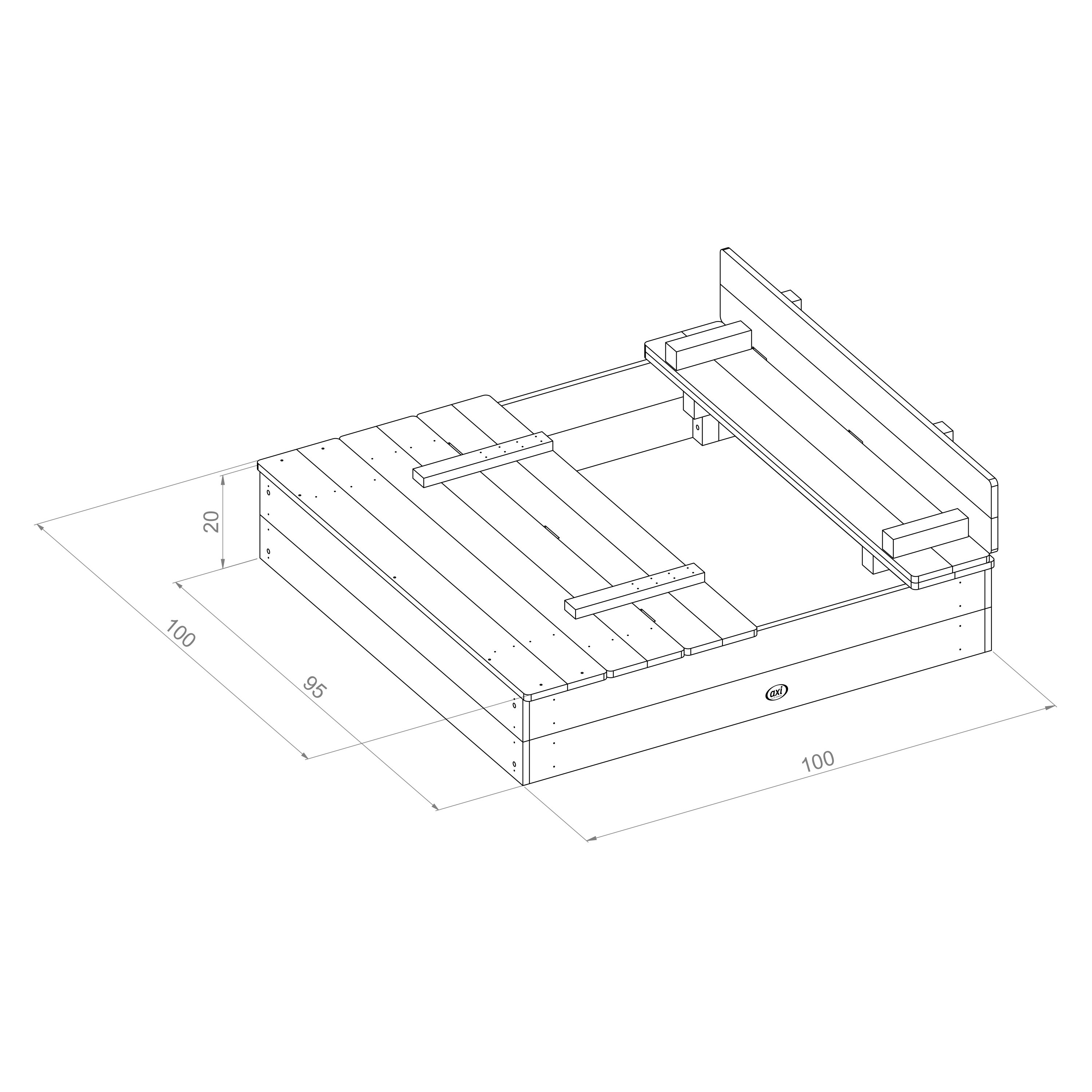 Eine technische Zeichnung einer Sandkastenbasis mit Abmessungen und Konstruktionsdetails.