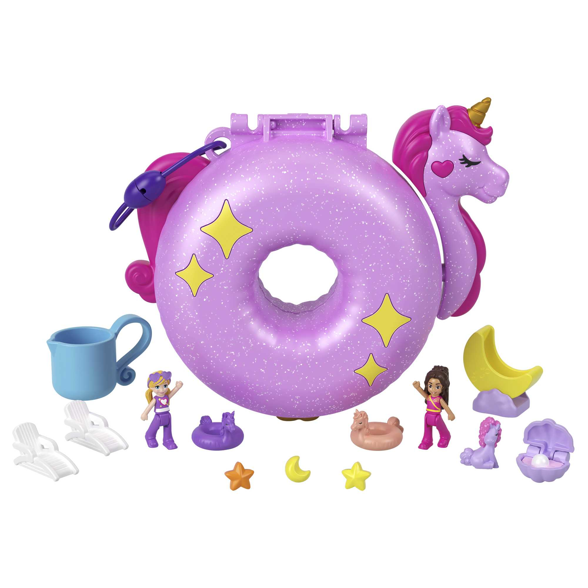 Un juego de juguetes con un flotador morado en forma de rosquilla, cabeza de unicornio, muñecas y accesorios.