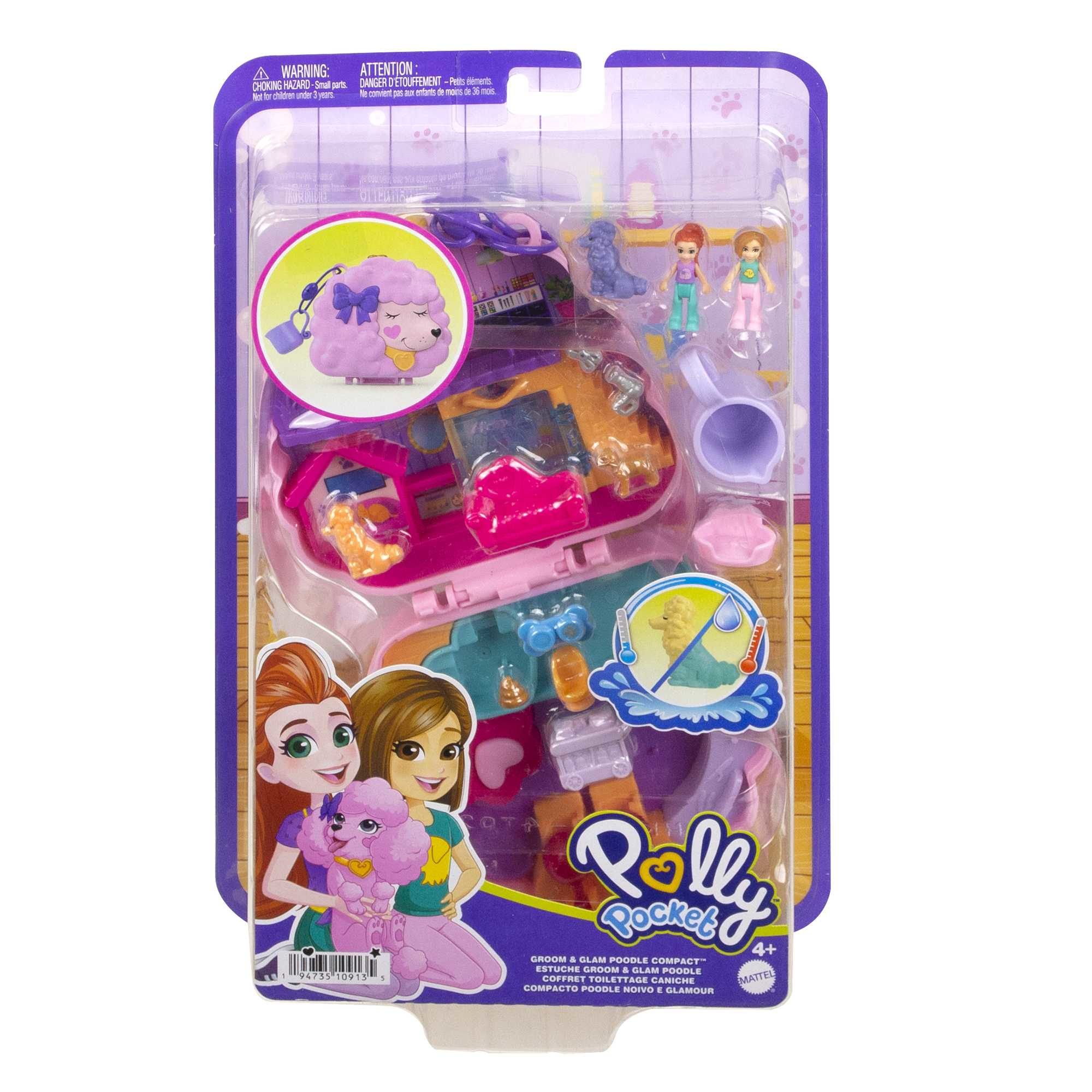 Set de juego Polly Pocket con un salón de belleza para caniches. Incluye figuras y accesorios. Embalaje morado.