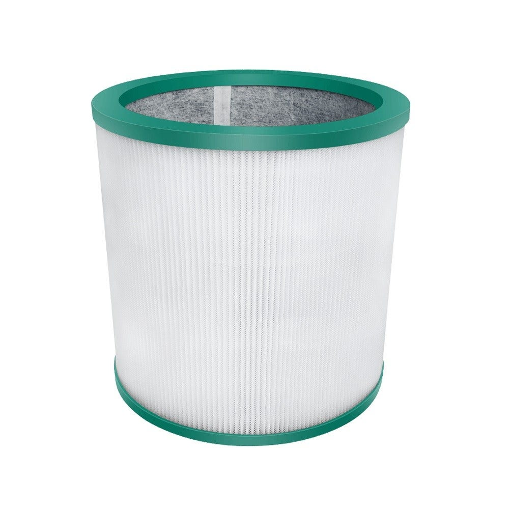 Zylindrischer Luftfilter mit grünen Rändern. Der Filter ist weiß und hat ein plissiertes Design.