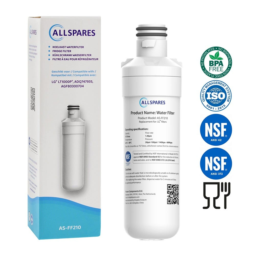 Ein Wasserfilter mit Karton. Die Box enthält Text über den Filter und seine Spezifikationen.