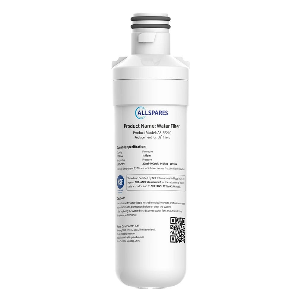 Weißer Wasserfilter mit Text. Es ist ein Produkt von ALLSPARES. Der Hintergrund ist schlicht weiß.
