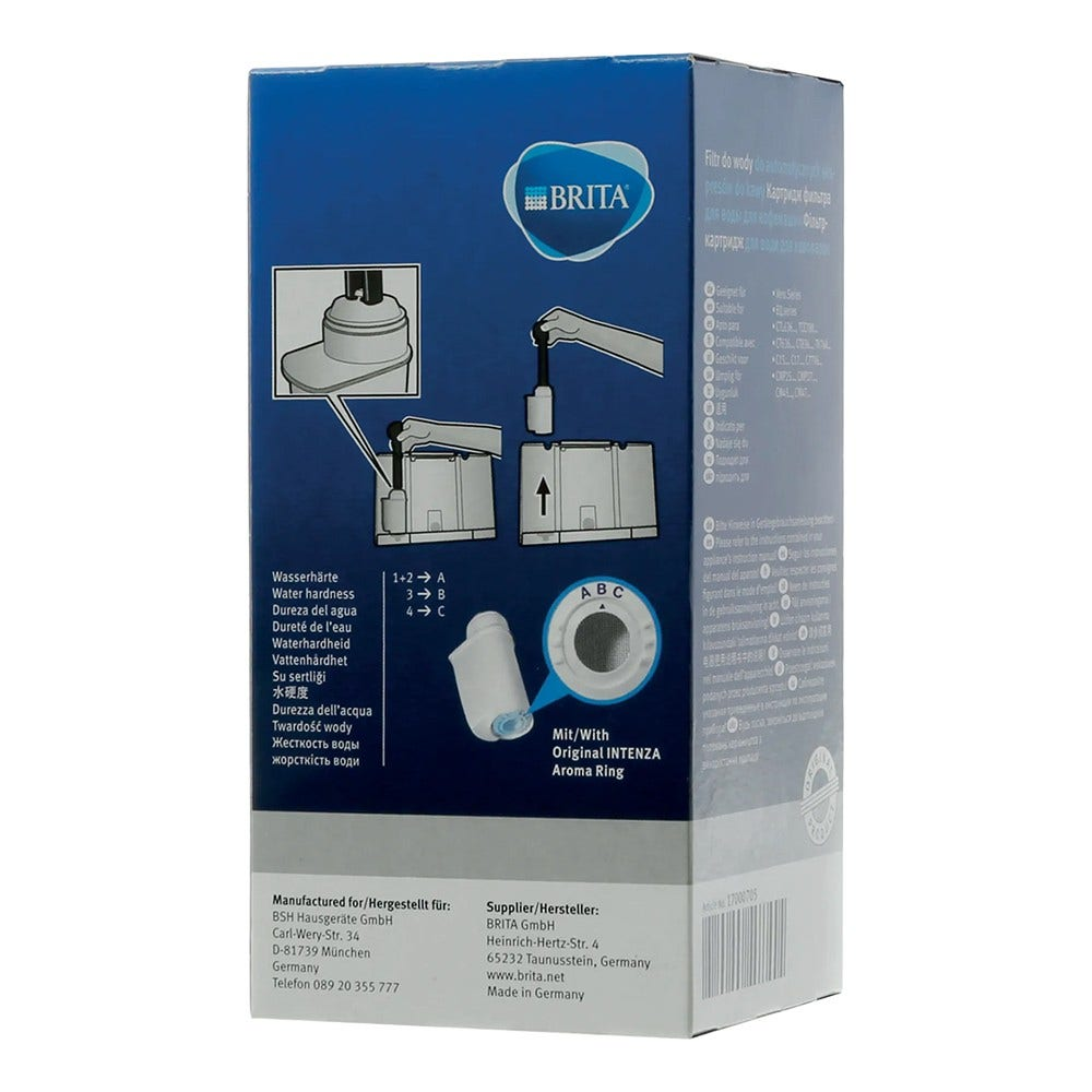 Scatola con logo Brita e diagrammi per un filtro dell'acqua. Testo in più lingue presente.