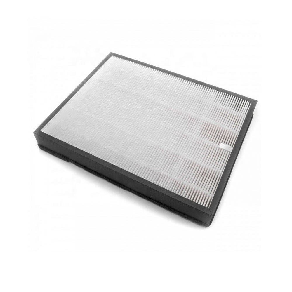 Rechteckiger Luftfilter mit schwarzem Rahmen und weißem Filtermaterial.