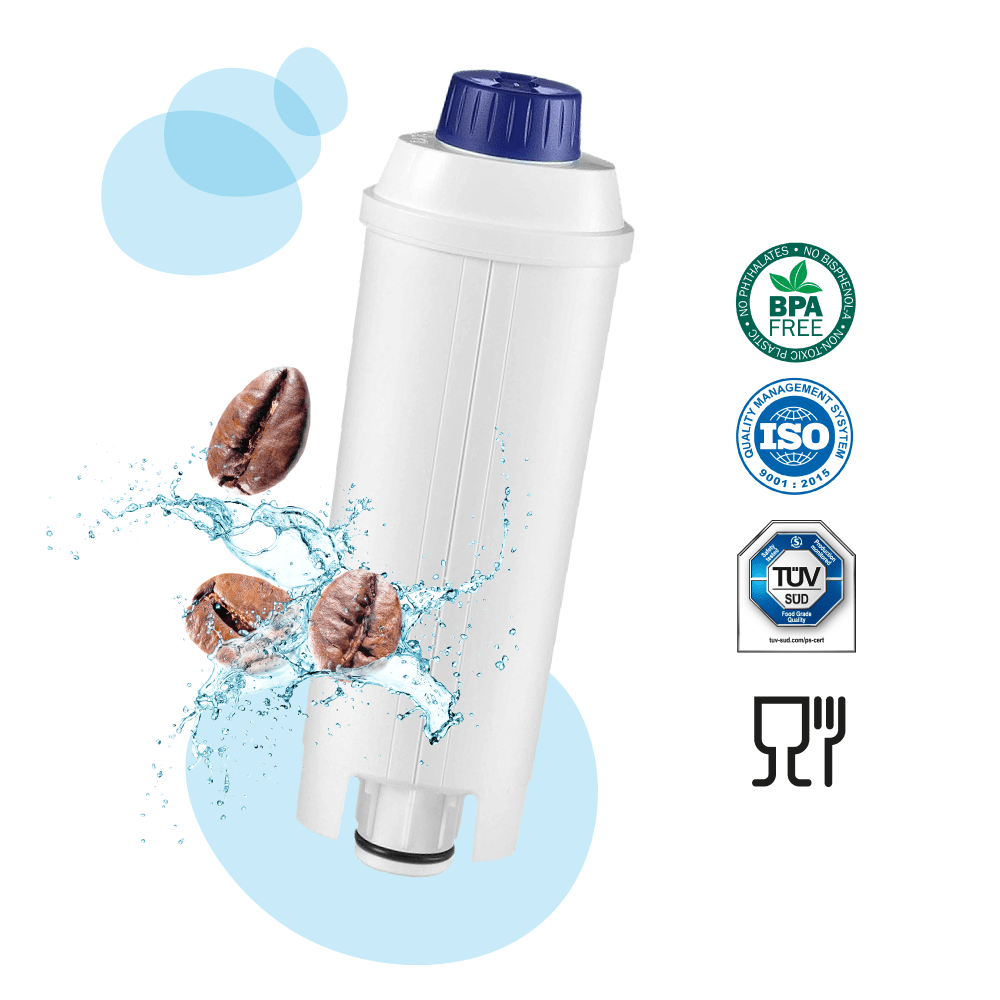 Weißer Wasserfilter mit Kaffeebohnen und blauen Akzenten.