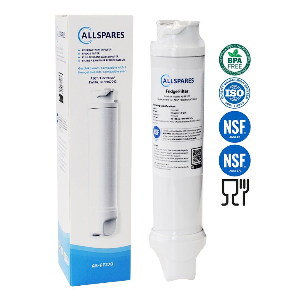 Weißer Kühlschrank-Wasserfilter mit Verpackung. Die Verpackung trägt den Markennamen 'ALLSPARE'.