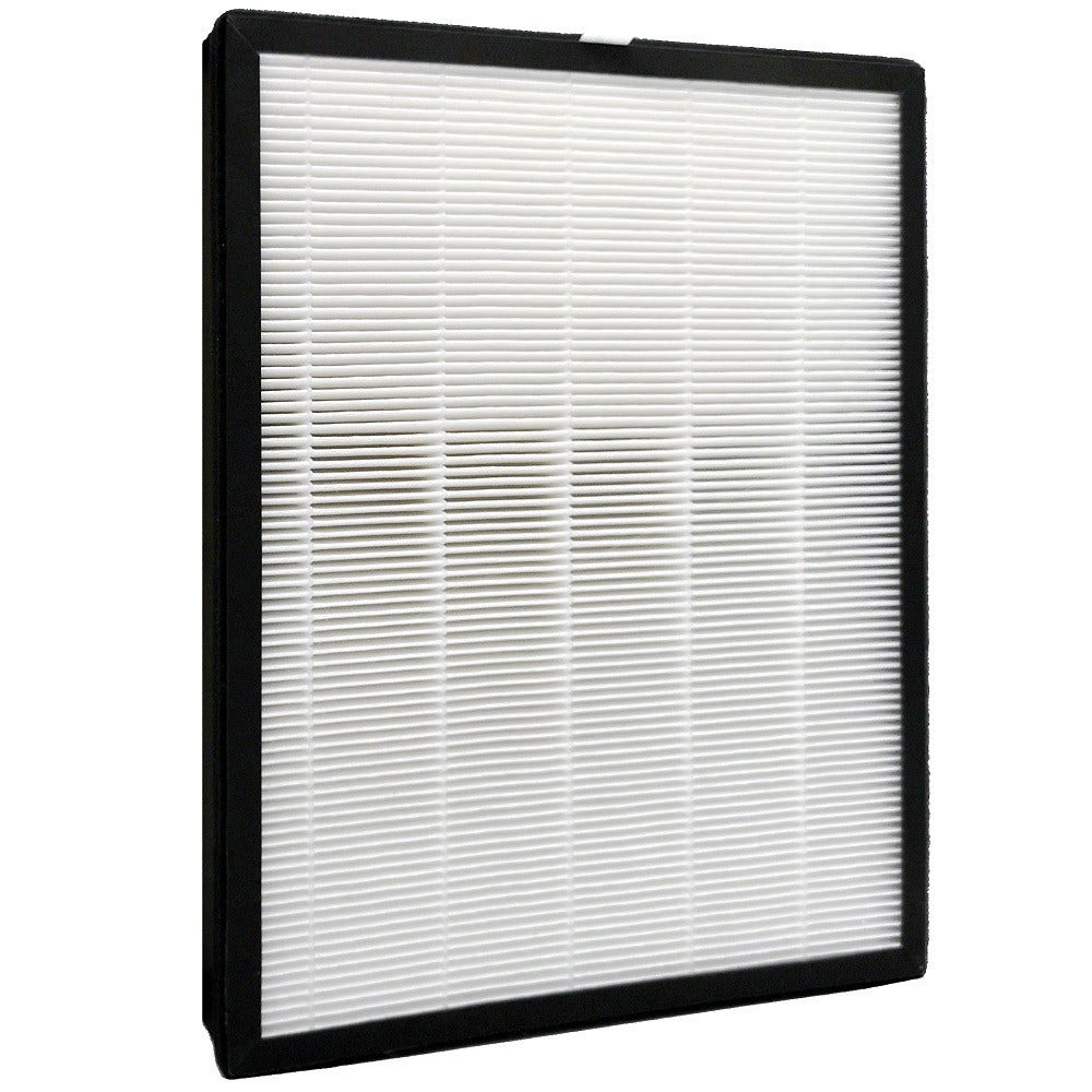 Ein Luftfilter mit weißem Filtermedium und schwarzem Rahmen.