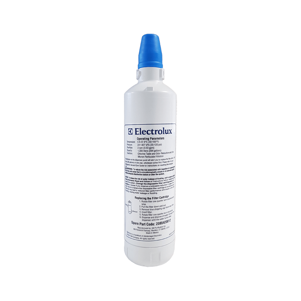 Weiße Electrolux Wasserfilterflasche mit Anweisungen auf dem Etikett und blauem Deckel.