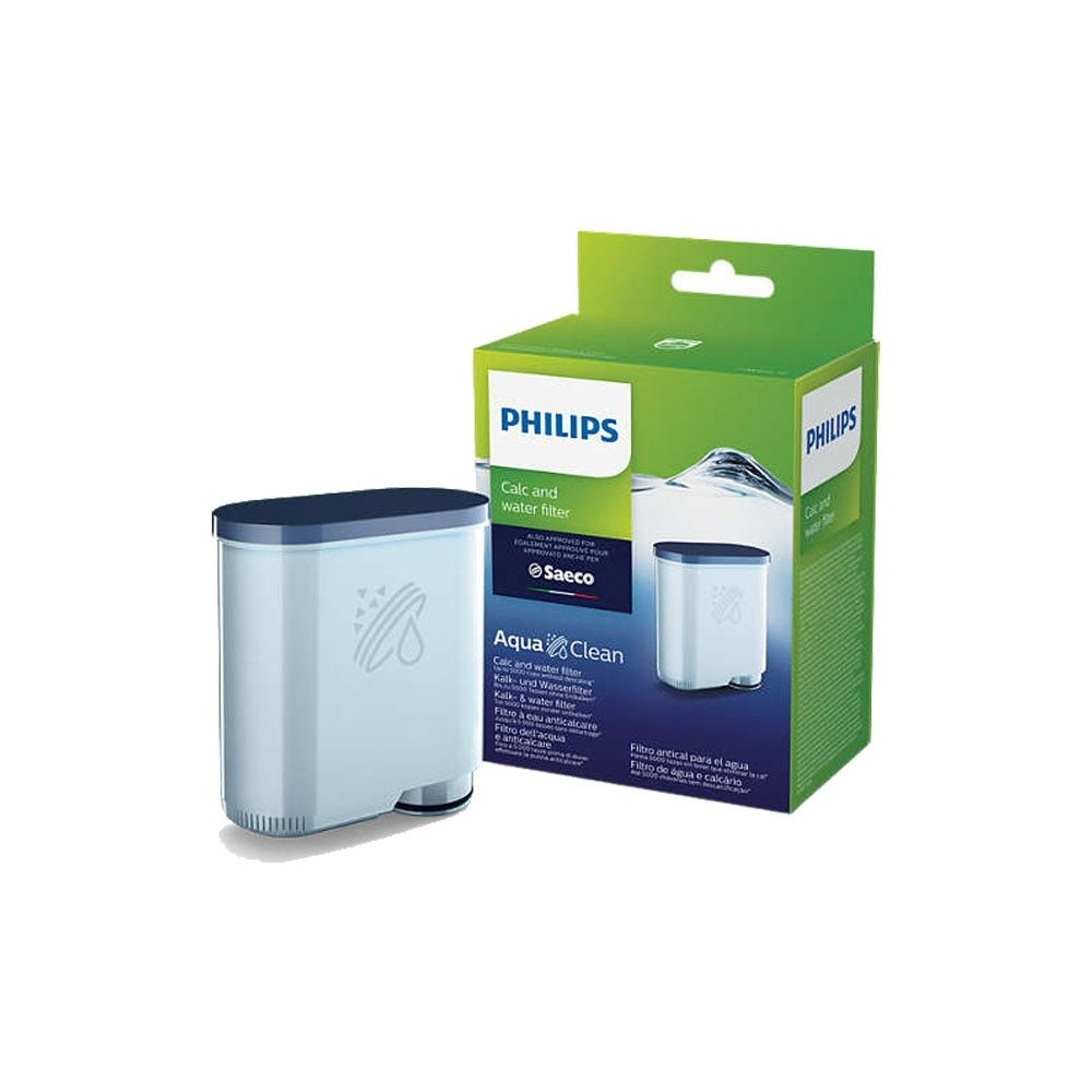 Box und Wasserfilter. Weiß-blauer Filter, grüne Box mit Text und Filterbild.