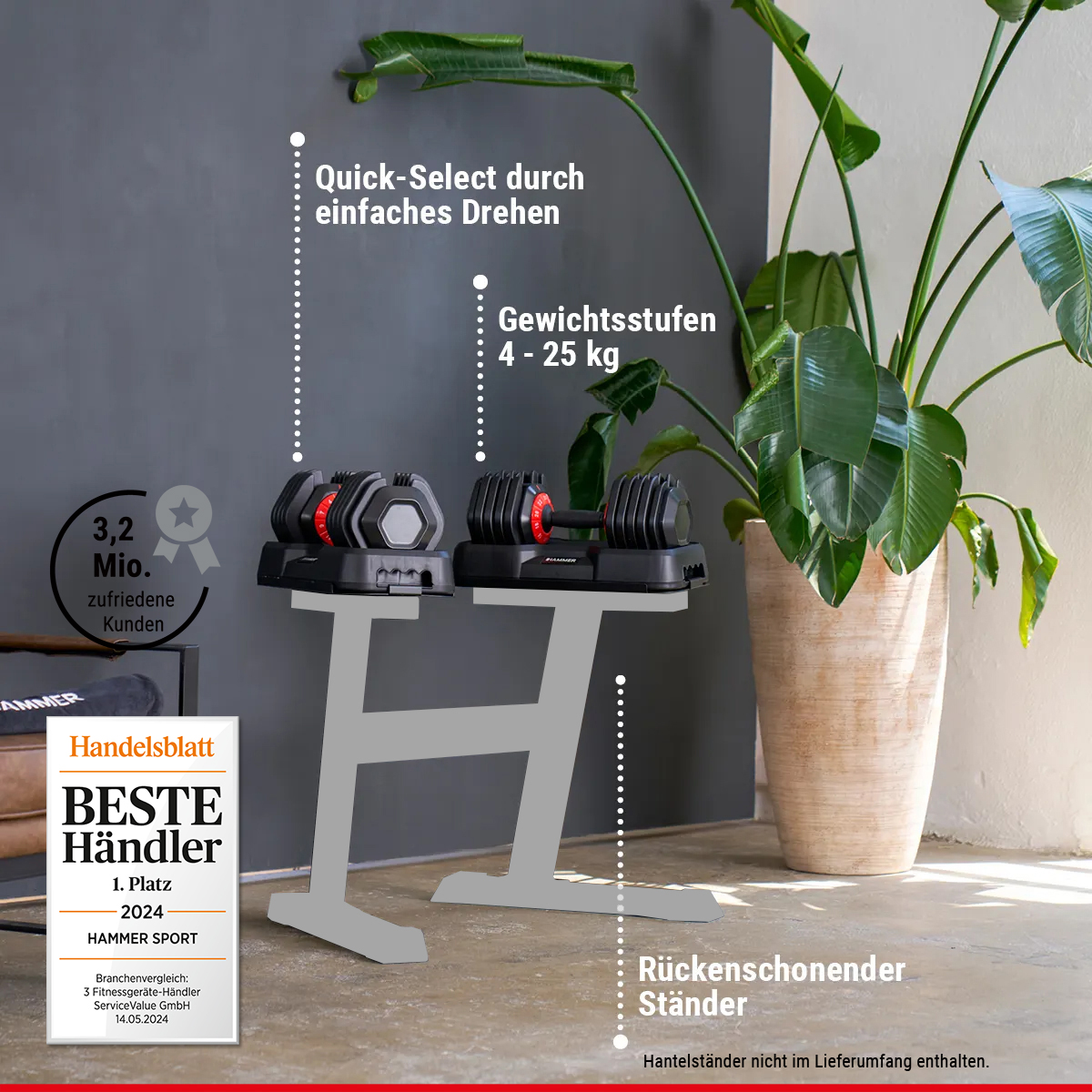 Zwei verstellbare Kurzhanteln auf einem Ständer. Text hebt Gewichtsstufen und Funktionen hervor.