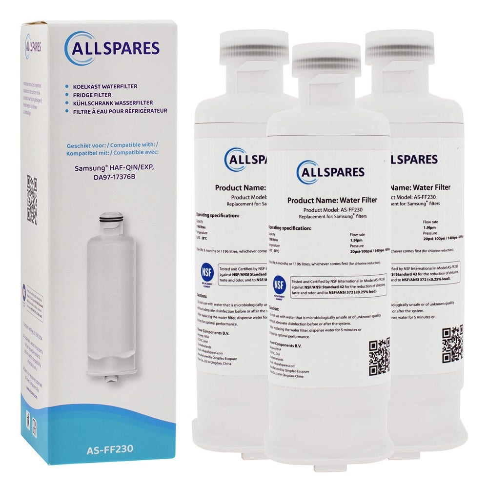 Drei Wasserfilter-Ersatzteile und eine Box mit weißem Filter. Allspares-Etikett.