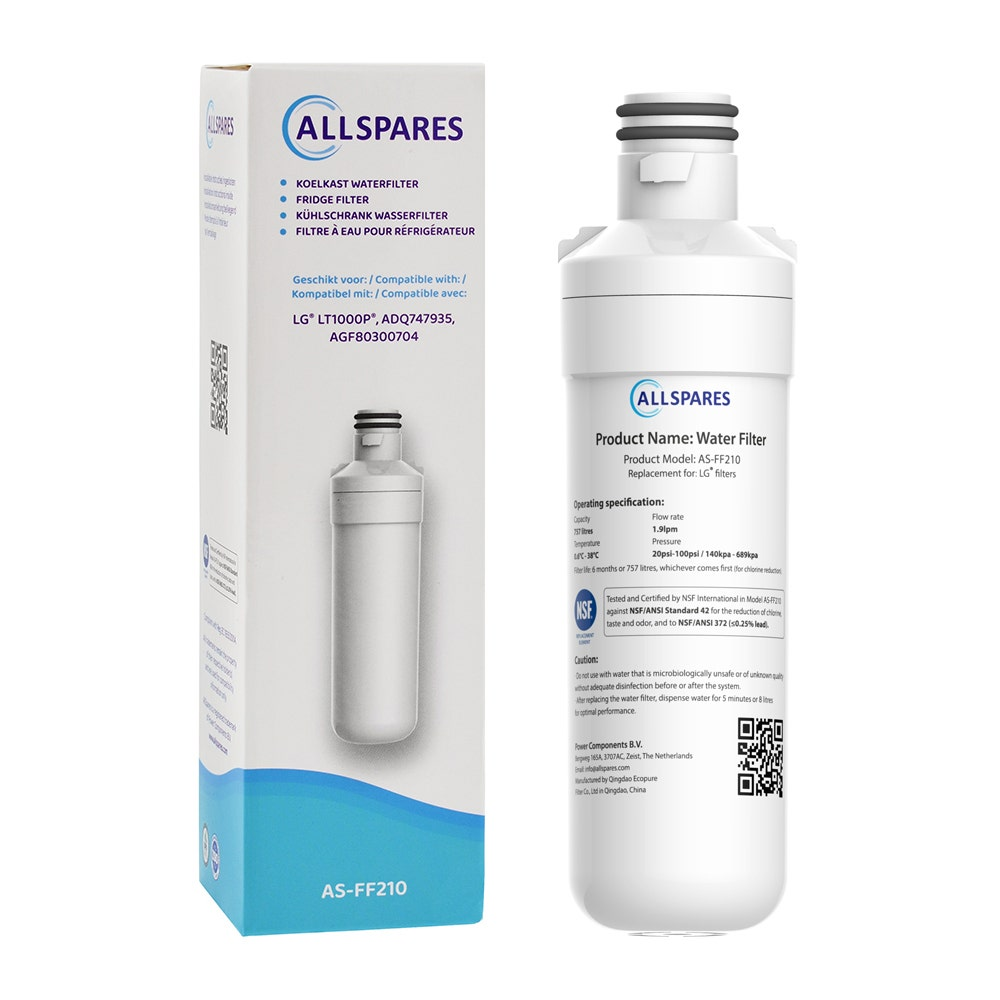 Wasserfilter und Box mit ALLSPARE-Logo und Produktdetails.