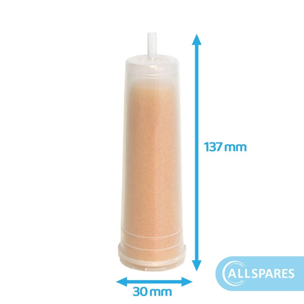 Ein Wasserfilter mit Größenangaben: 137 mm Länge, 30 mm Durchmesser. Weißer Hintergrund.