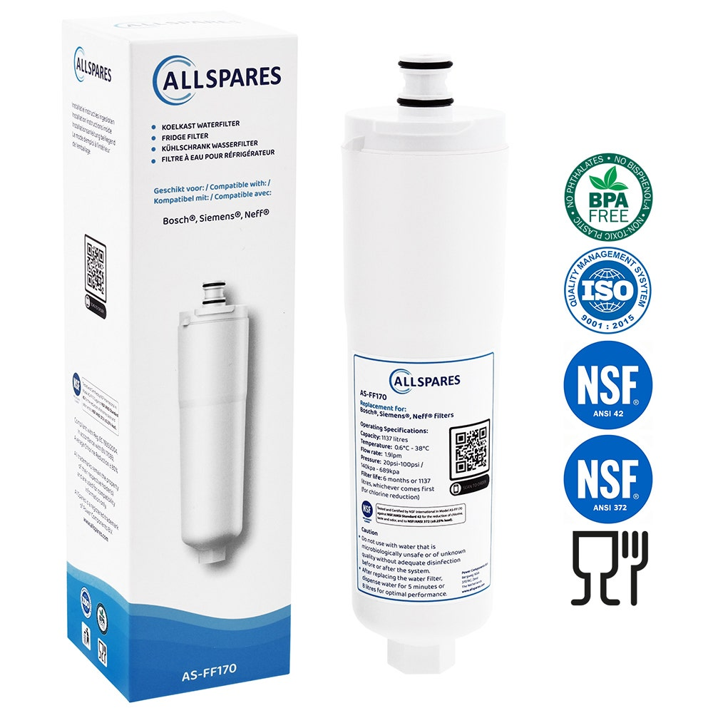 Weiße Box mit Wasserfilter innen und einem Wasserfilter außen mit Text und Logos.