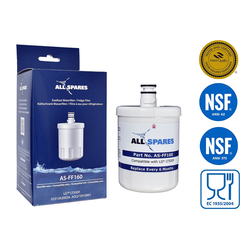Wasserfilterpatrone, Box und Etiketten. Weiße, blaue und schwarze Farben. Produktinformationen sichtbar.
