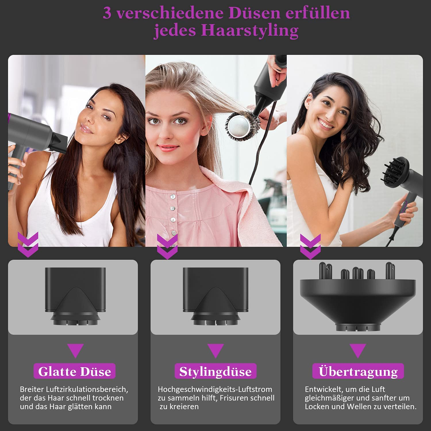 Drei Frauen mit verschiedenen Frisuren, jede benutzt einen Haartrockner mit einer bestimmten Düse. Diagramme und Text unten.
