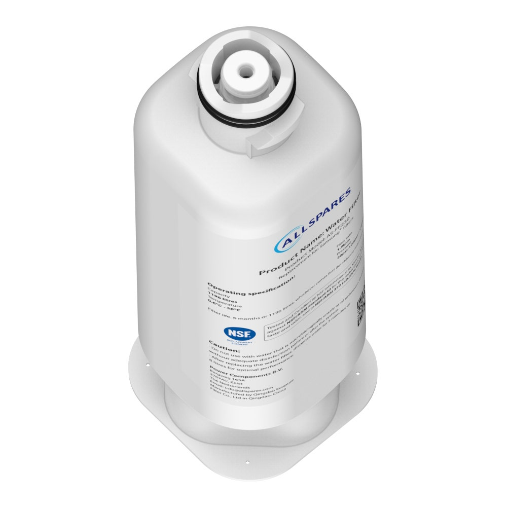 Weißer Wasserfilter mit Produktdetails. Die Basis ist rund und die Oberseite hat eine kleine Öffnung.