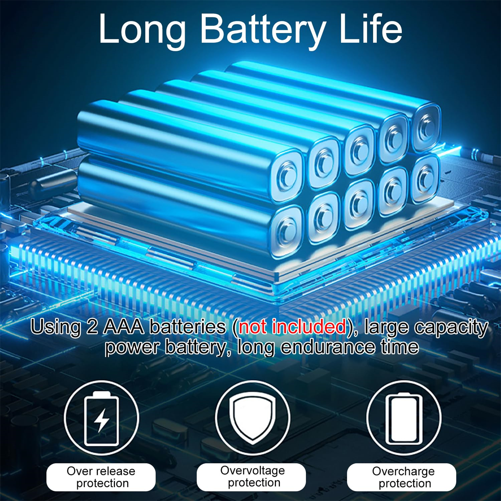 Blaue Batterien mit Text über lange Akkulaufzeit und Symbolen.