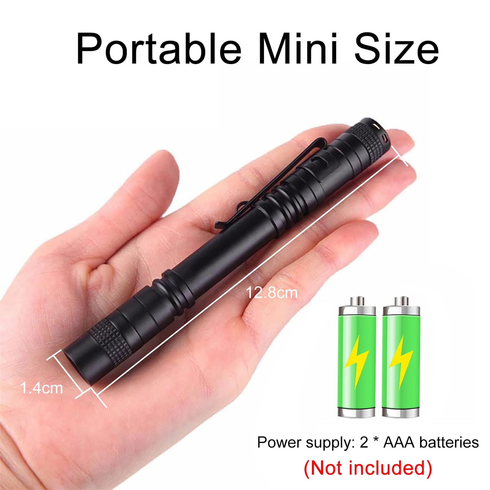 Schwarze Taschenlampe, 12,8 cm, mit Batterien und Abmessungen.