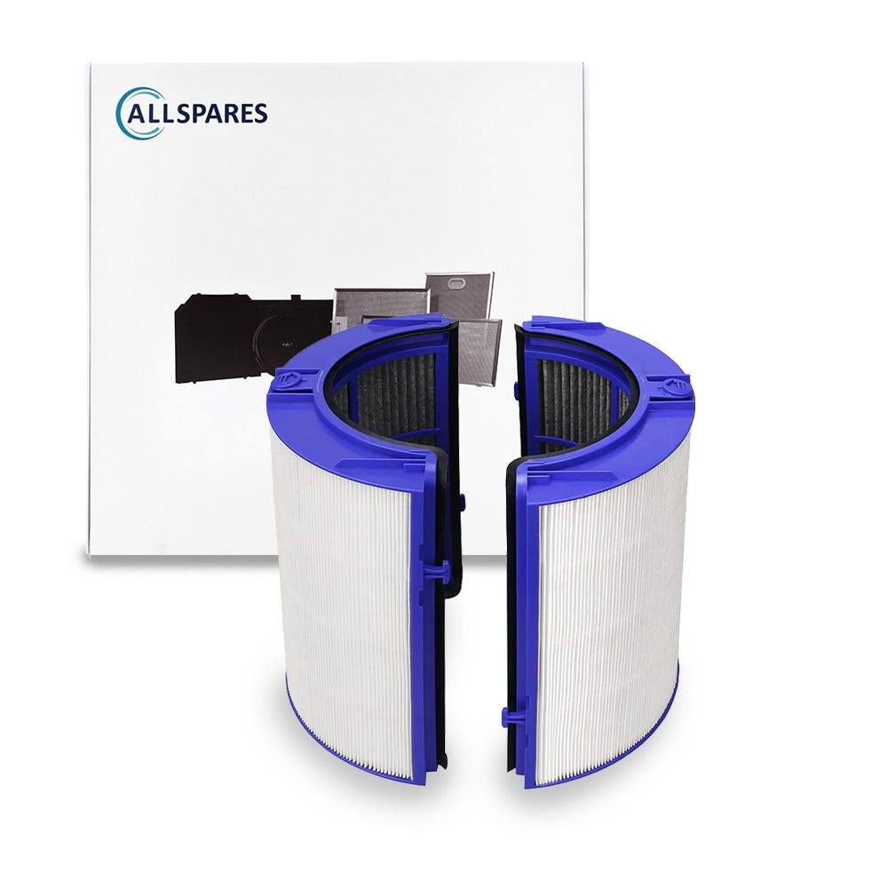 Ein weißer Luftfilter mit blauem Rahmen, neben der Verpackungsbox.