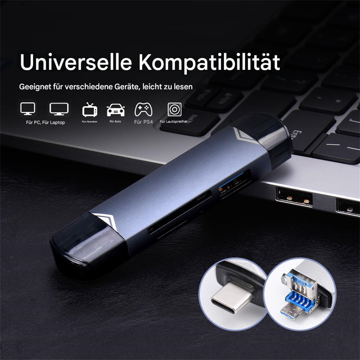 Ein dunkelblaues Gerät mit mehreren Anschlüssen. Es befindet sich neben einem Laptop.