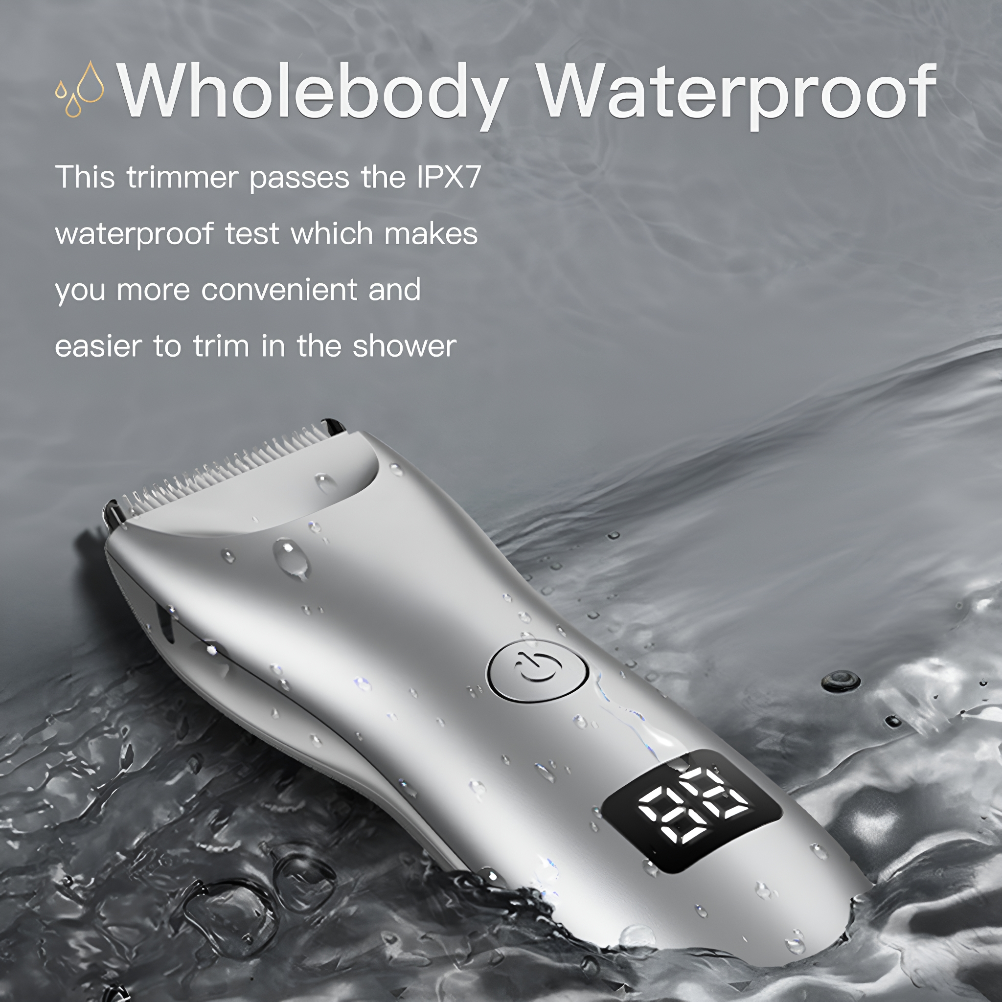 Ein silberner, wasserdichter Trimmer mit Digitalanzeige. Der Trimmer ist nass.