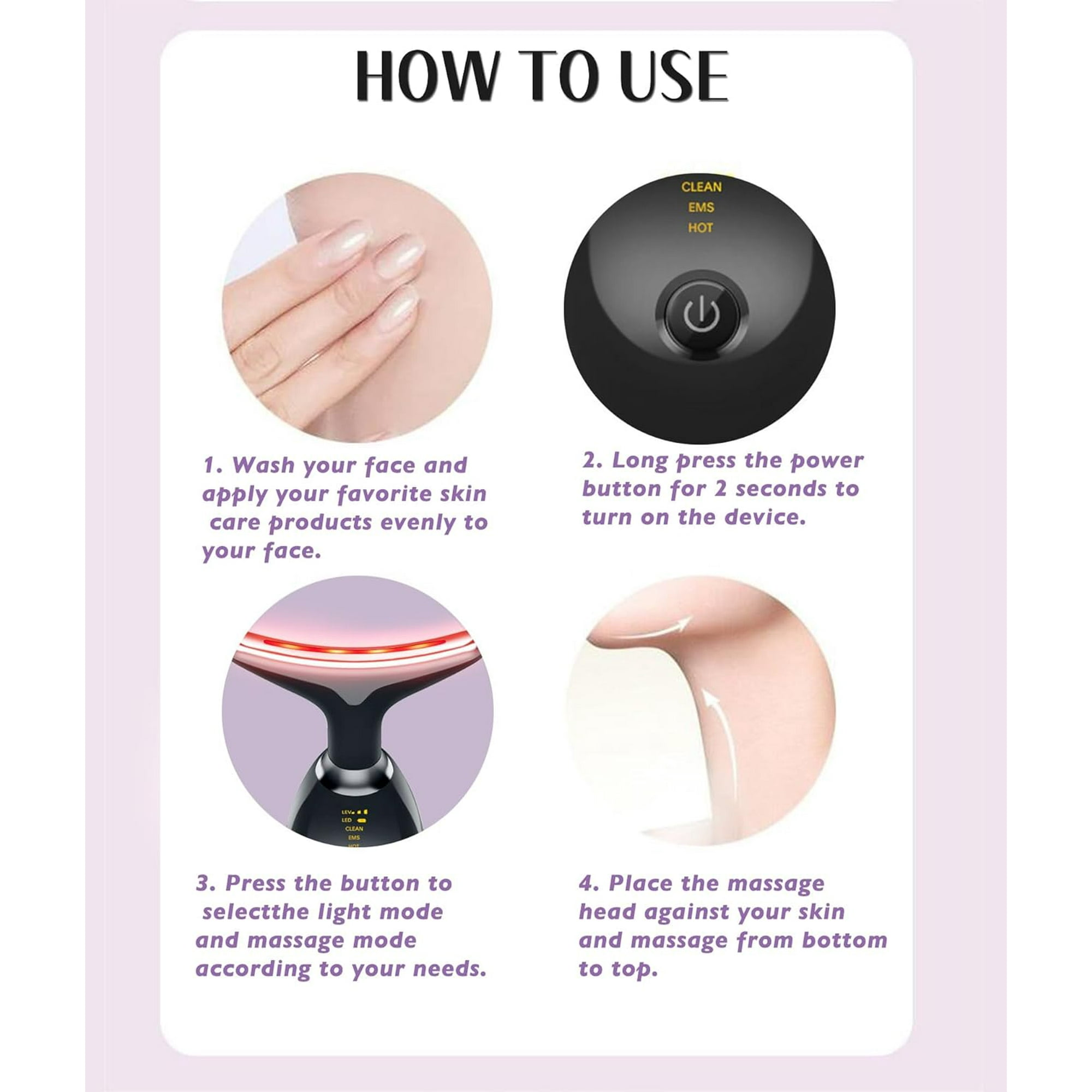 Anweisungen für Hautpflegegerät. Hand, Gerät mit Licht, und Nackenmassage.