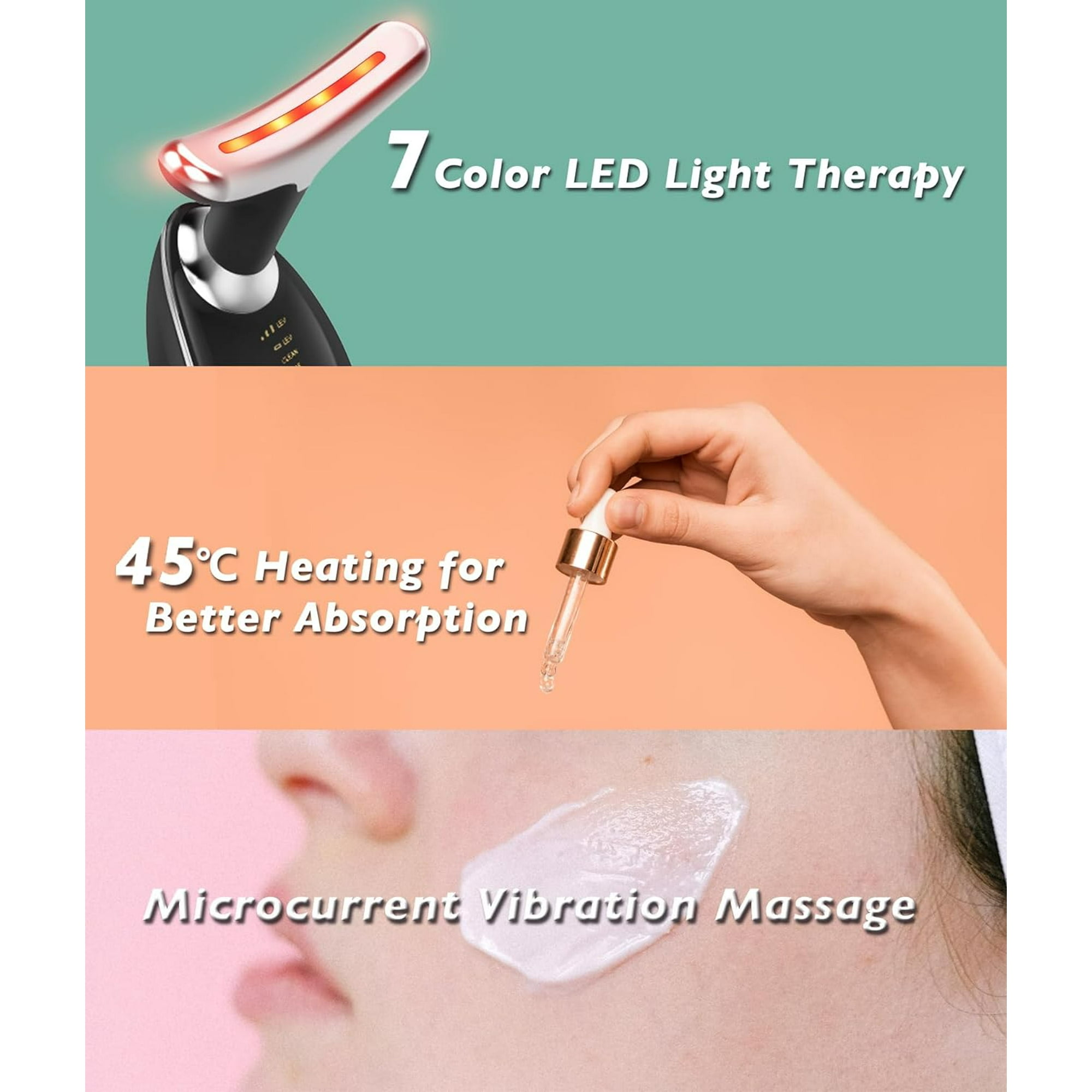 Nahaufnahmen, die Beauty-Behandlungsschritte zeigen: LED-Therapie, Serum, Massage.