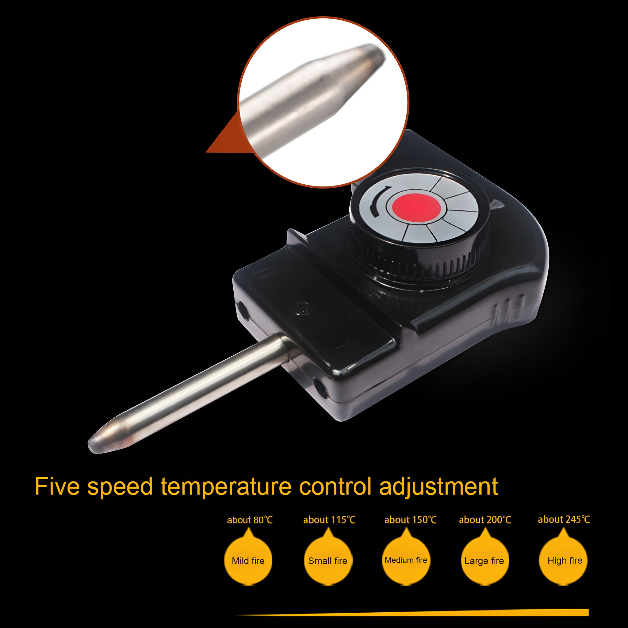 Schwarzer Temperaturregler mit Drehknopf und Metallsonde. Fünf Temperatureinstellungen sind unten beschriftet.