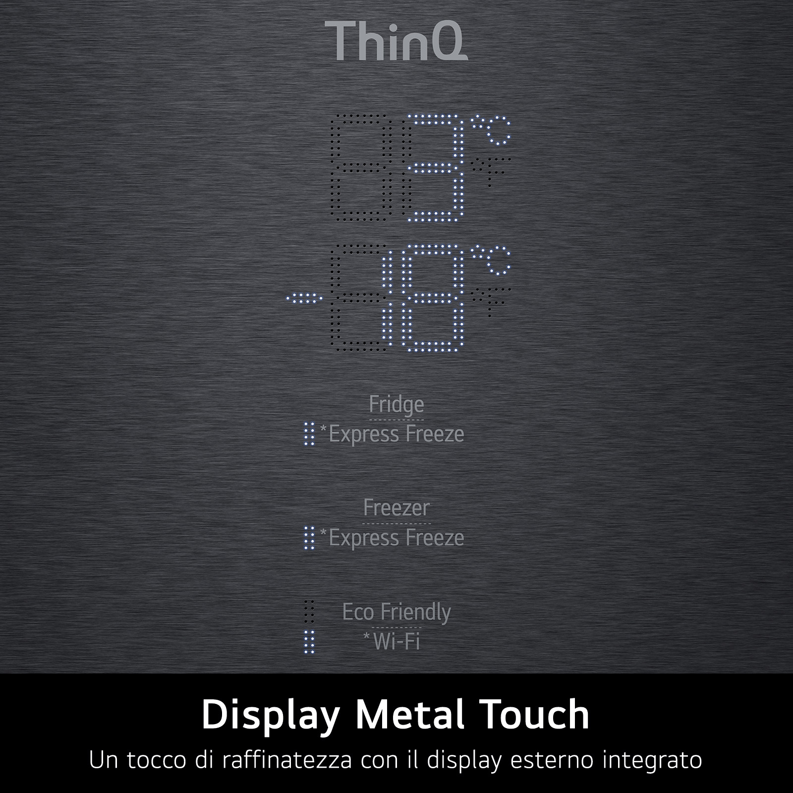Zbliżenie ciemnego wyświetlacza z odczytami temperatury i tekstem, z metalowym dotykowym designem.