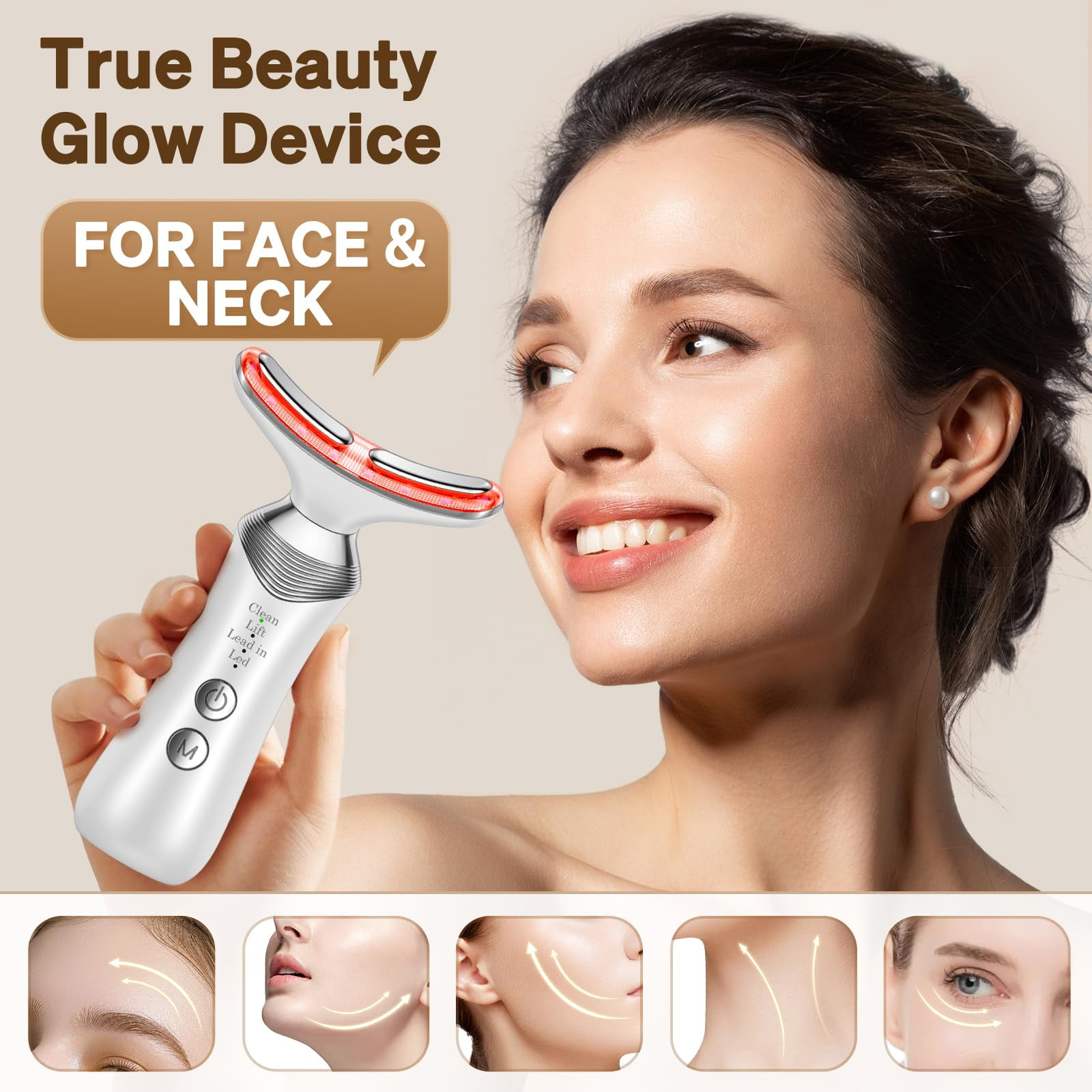 Frau benutzt ein Gesichts-Beauty-Gerät. Das Gerät hat rote Lichter. Weißer Hintergrund mit Infografiken.