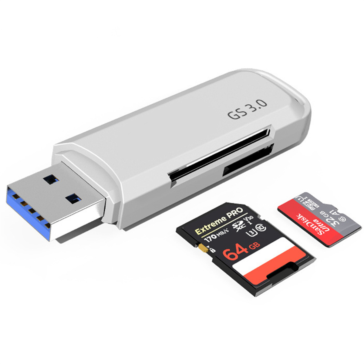 USB-Kartenleser und zwei SD-Karten. Eine schwarz, eine rot. Auf weißem Hintergrund.