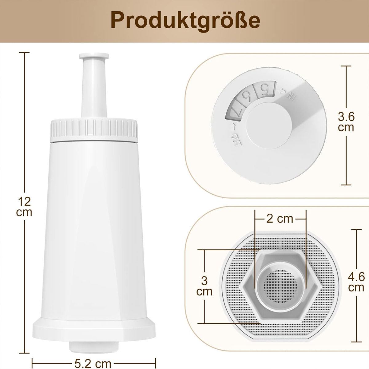Ein weißer Wasserfilter mit Abmessungen. Er hat ein Zifferblatt oben.