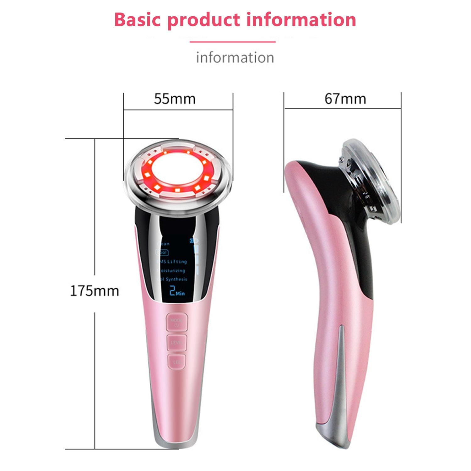 Ein ästhetisches Gerät mit Abmessungen, das ein Facelift-Produkt in Rosa und Silber zeigt.