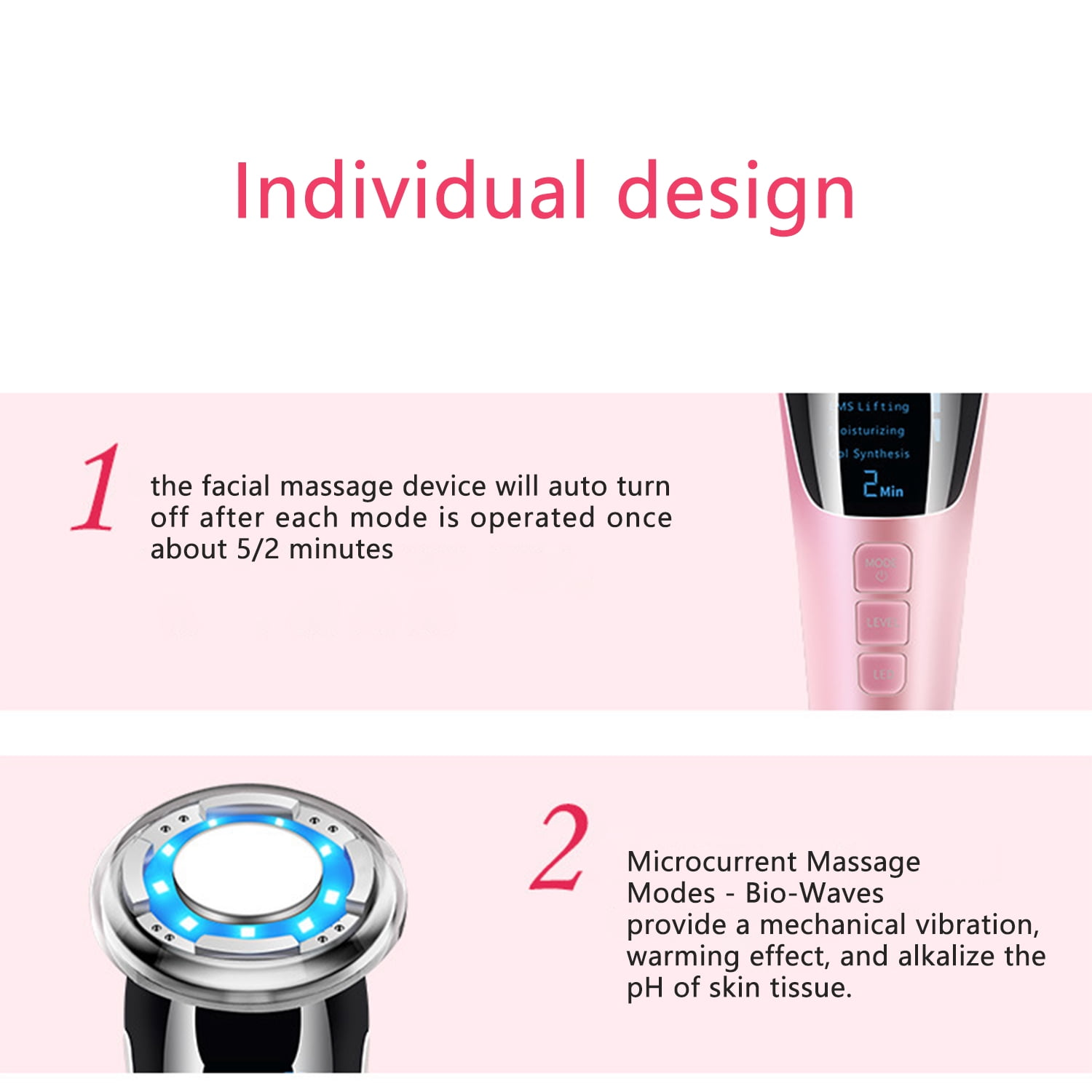 Ein rosa Gesichtsmassagegerät mit digitaler Anzeige und silberner Basis. Text und Zahlen vorhanden.