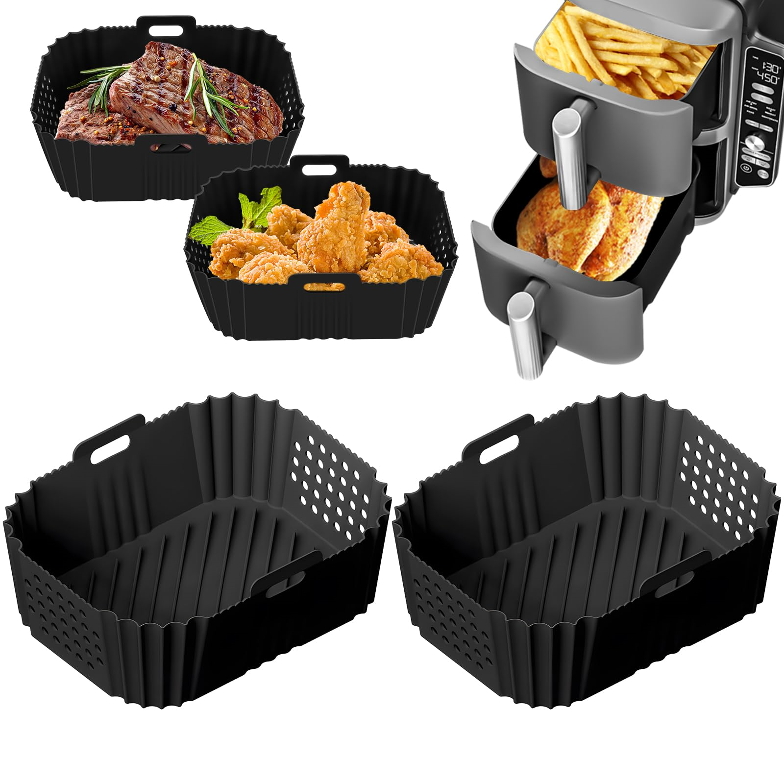 Heißluftfritteuse mit Körben voller Essen, darunter Steak, Hähnchen und Pommes, auf weißem Hintergrund.