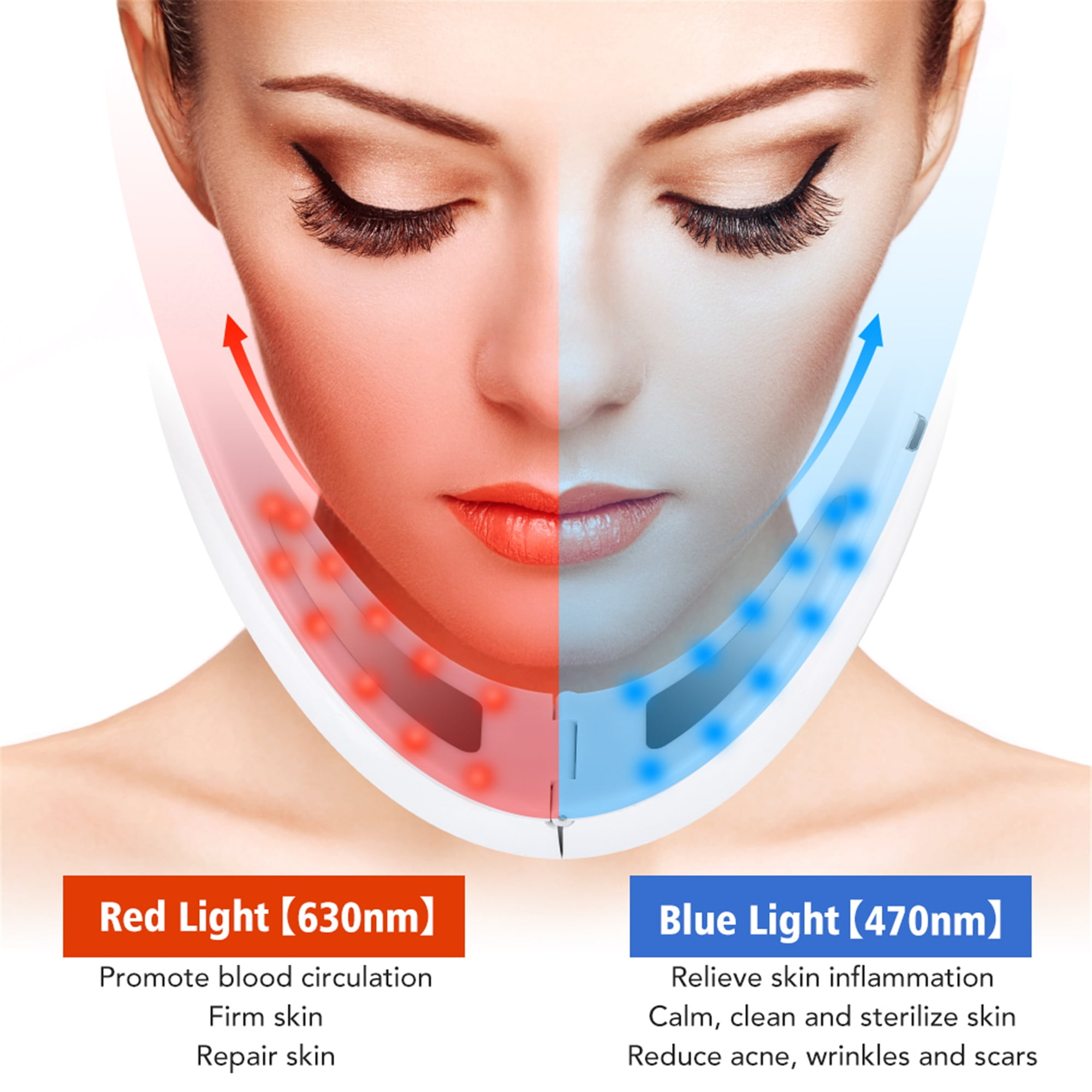 Gesicht einer Frau mit LED-Lichtgerät: rotes Licht für Kreislauf, blau für Haut.