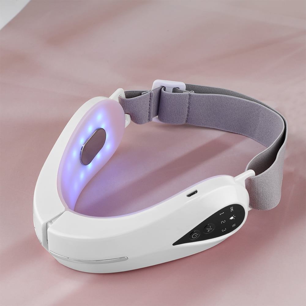 Weißes Gesichtsmassagegerät mit grauem Riemen. Hat Knöpfe und LED-Leuchten für Funktionen.