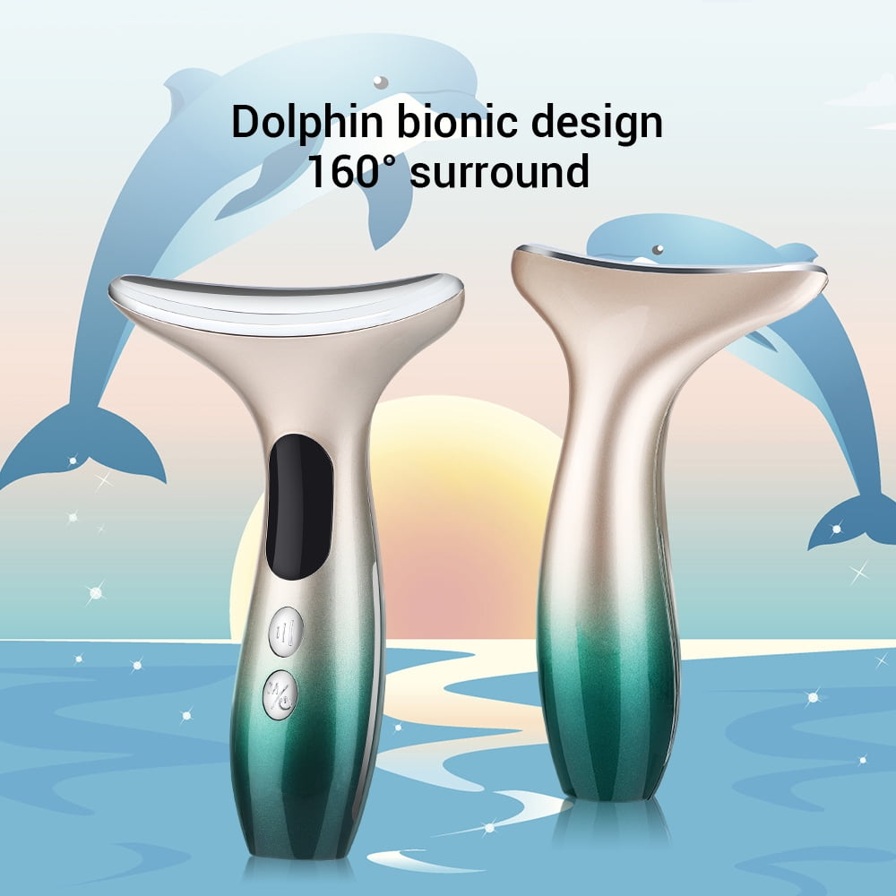 Zwei Gesichtsmassagegeräte. Text: Delfin-Bionic-Design. Delphine im Hintergrund.