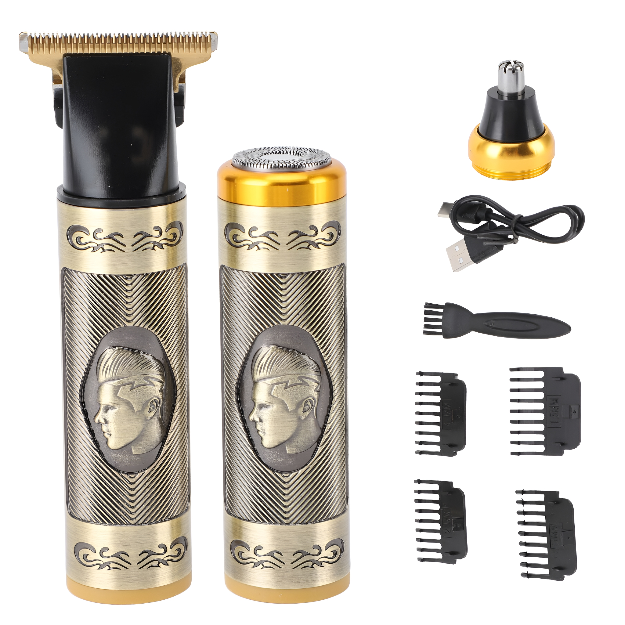Zwei gold-schwarze Haarschneidemaschinen und Zubehör auf Weiß.