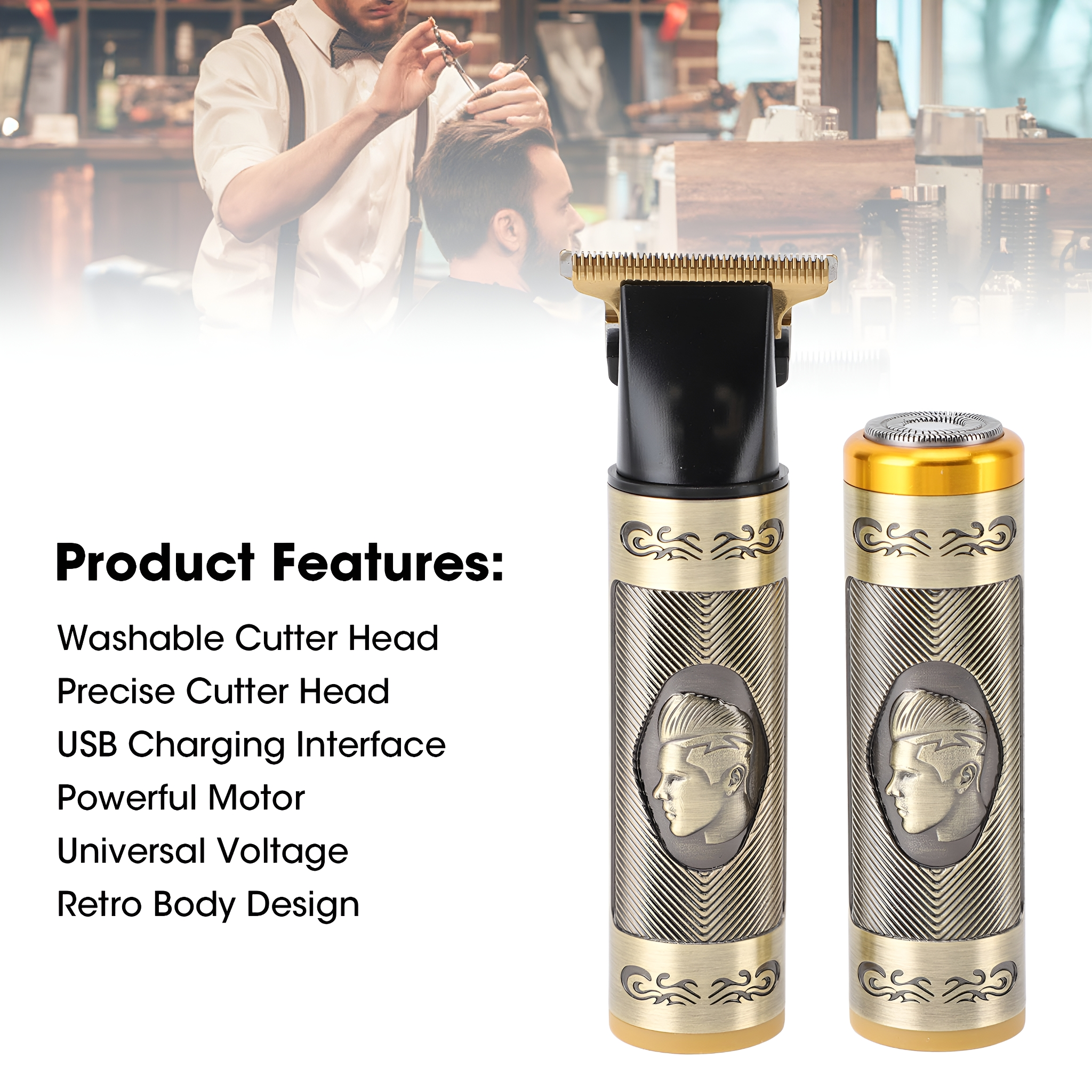 Zwei gold-schwarze Haarschneidemaschinen, Friseur im Hintergrund, Produktmerkmale.