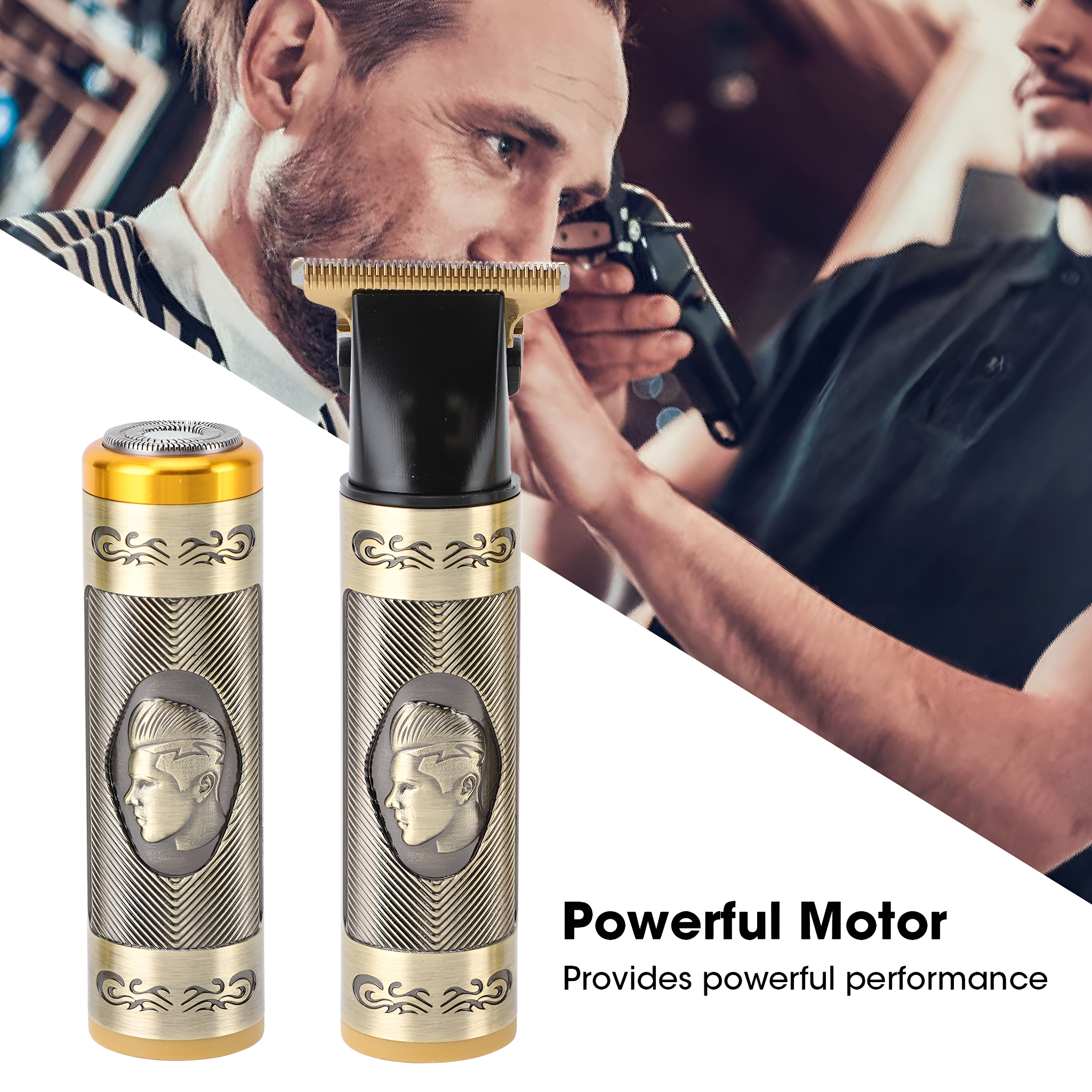 Goldene und schwarze Haarschneidemaschine. Ein Friseur benutzt sie. 'Powerful Motor' und ein Porträt.