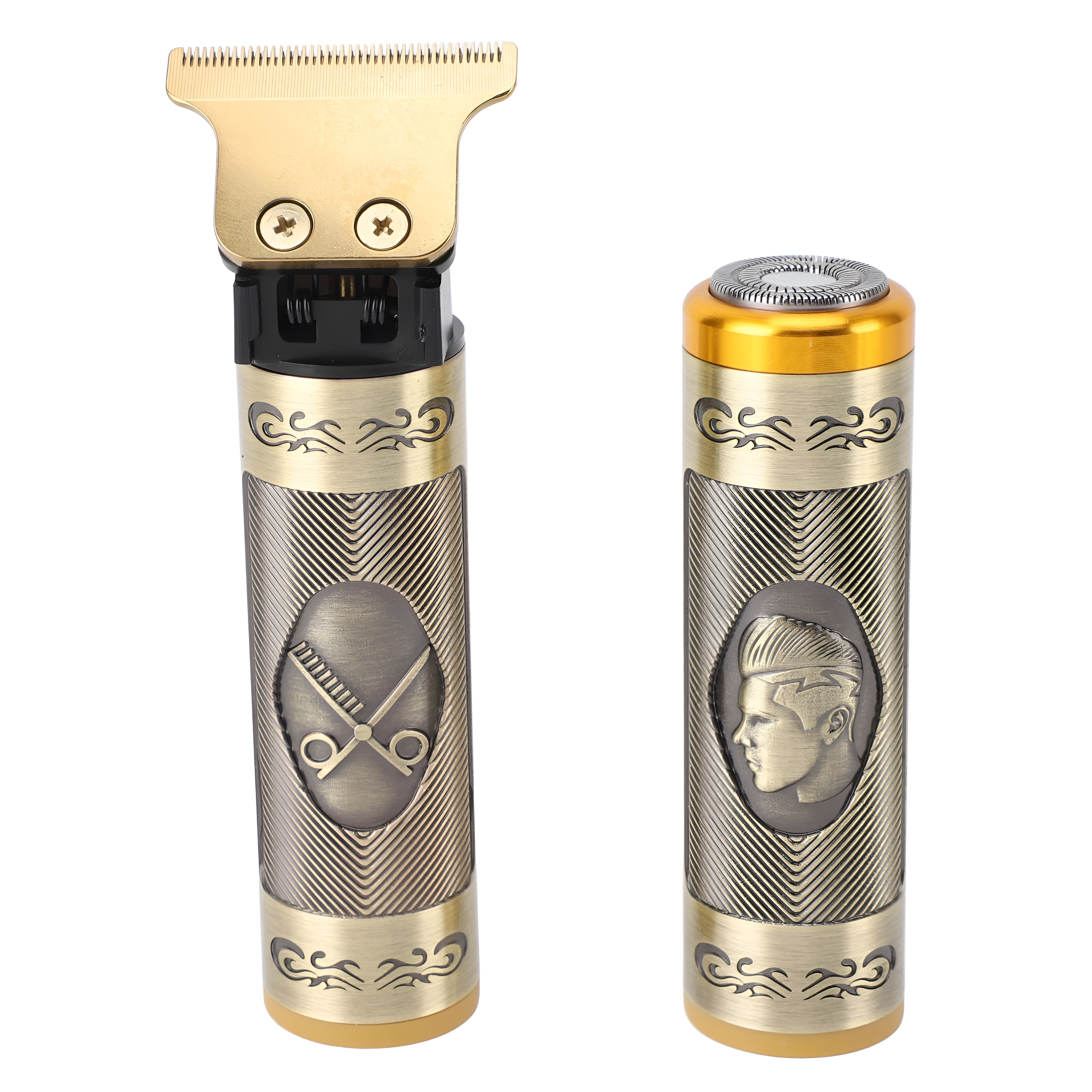 Ein goldener und schwarzer Haarschneider mit Kopf und separatem Rasierkopf.