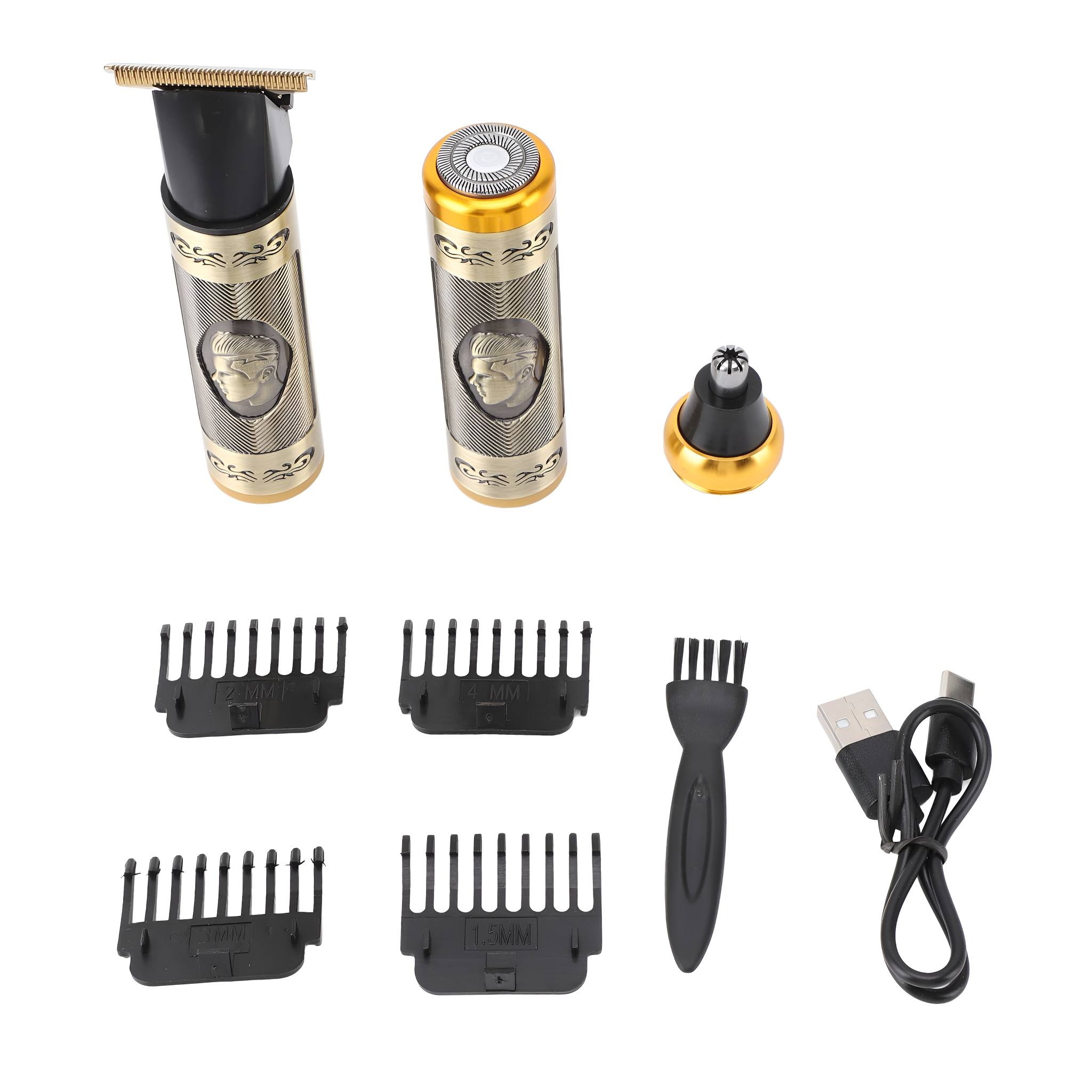 Set aus Pflege-Werkzeugen: Trimmer, Aufsätze, Bürste und Ladekabel. Goldene und schwarze Trimmer auf Weiß.