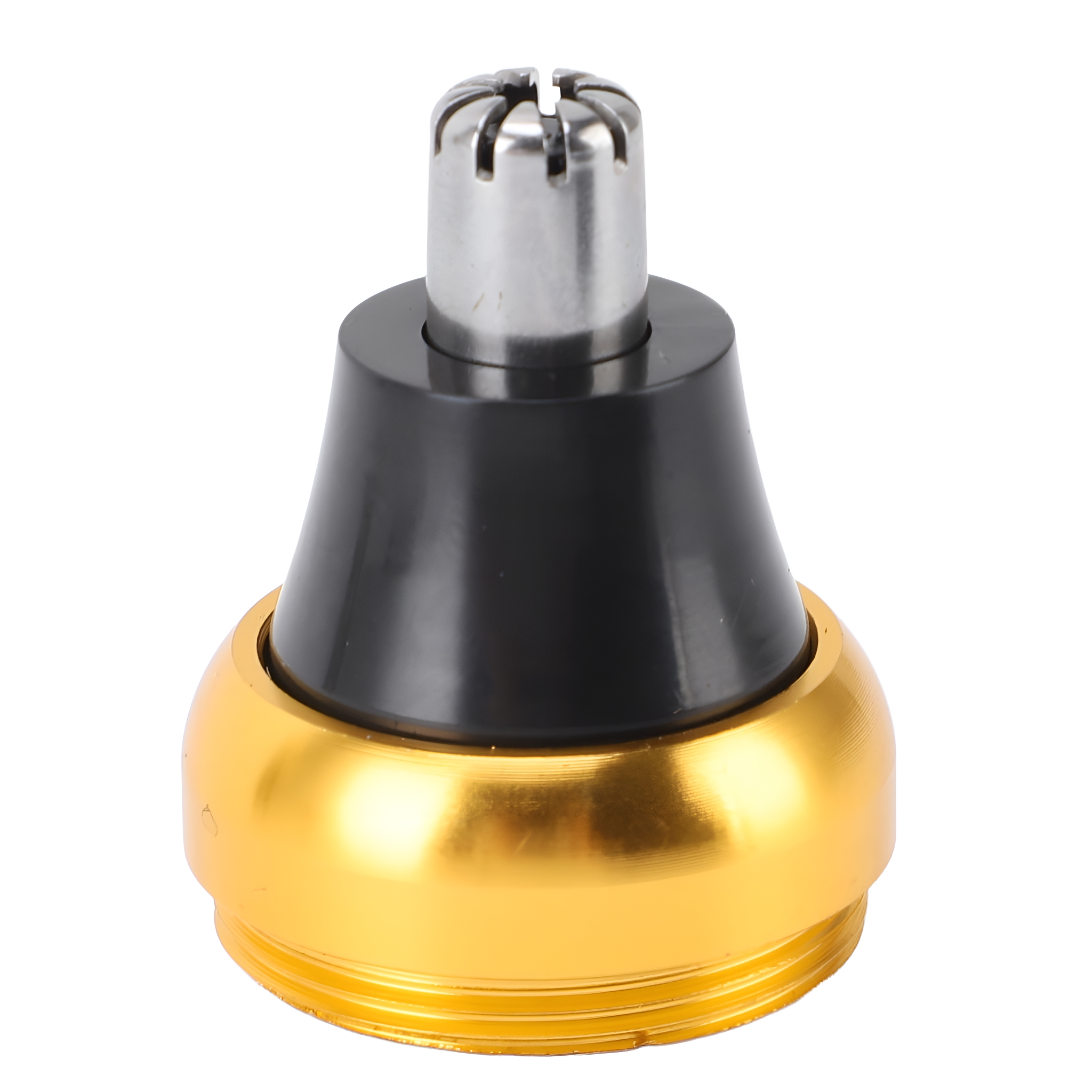Ein Nasenhaartrimmerkopf mit goldenem Sockel und einem schwarzen Teil oben.