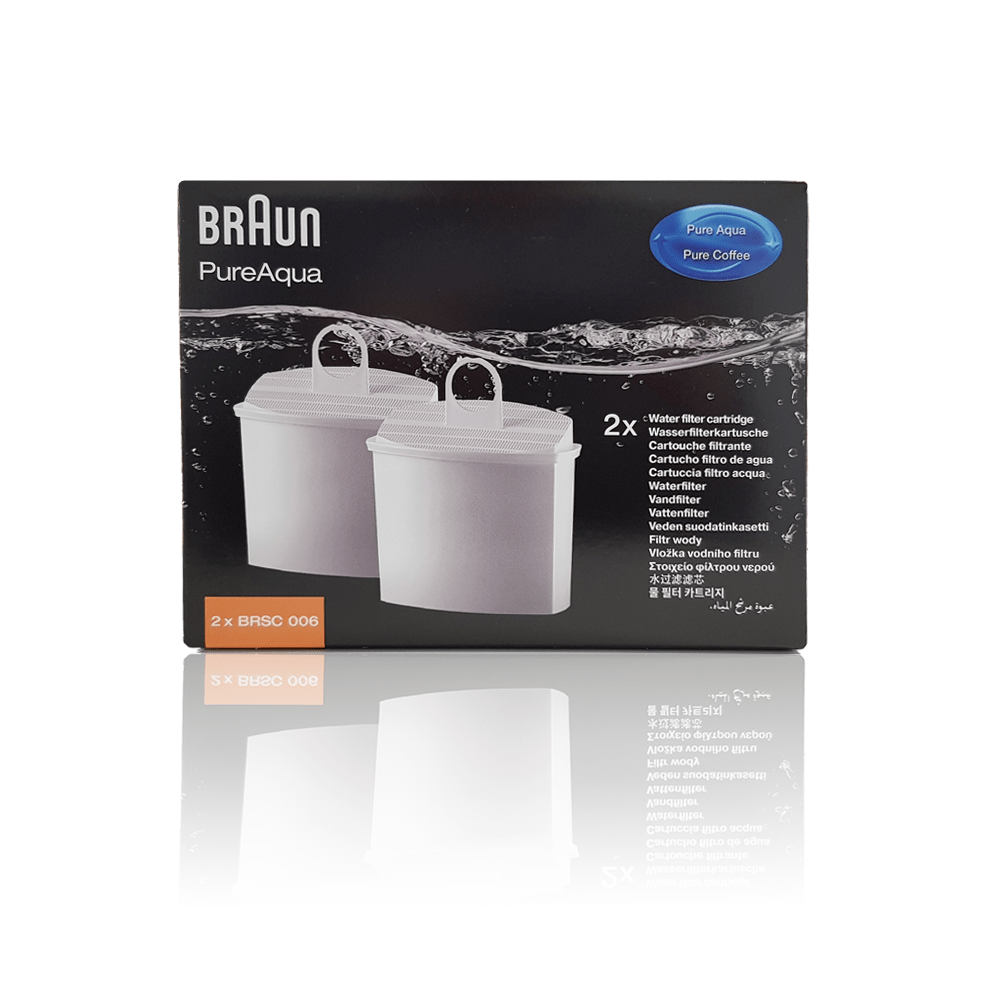Zwei Braun PureAqua Wasserfilterpatronen in einer blau-weißen Box.