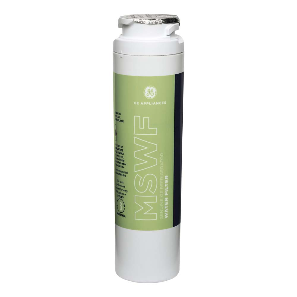 Ein weißer Wasserfilter mit grünem Text, beschriftet mit 'MSWF Genuine Refrigerator Water Filter'.