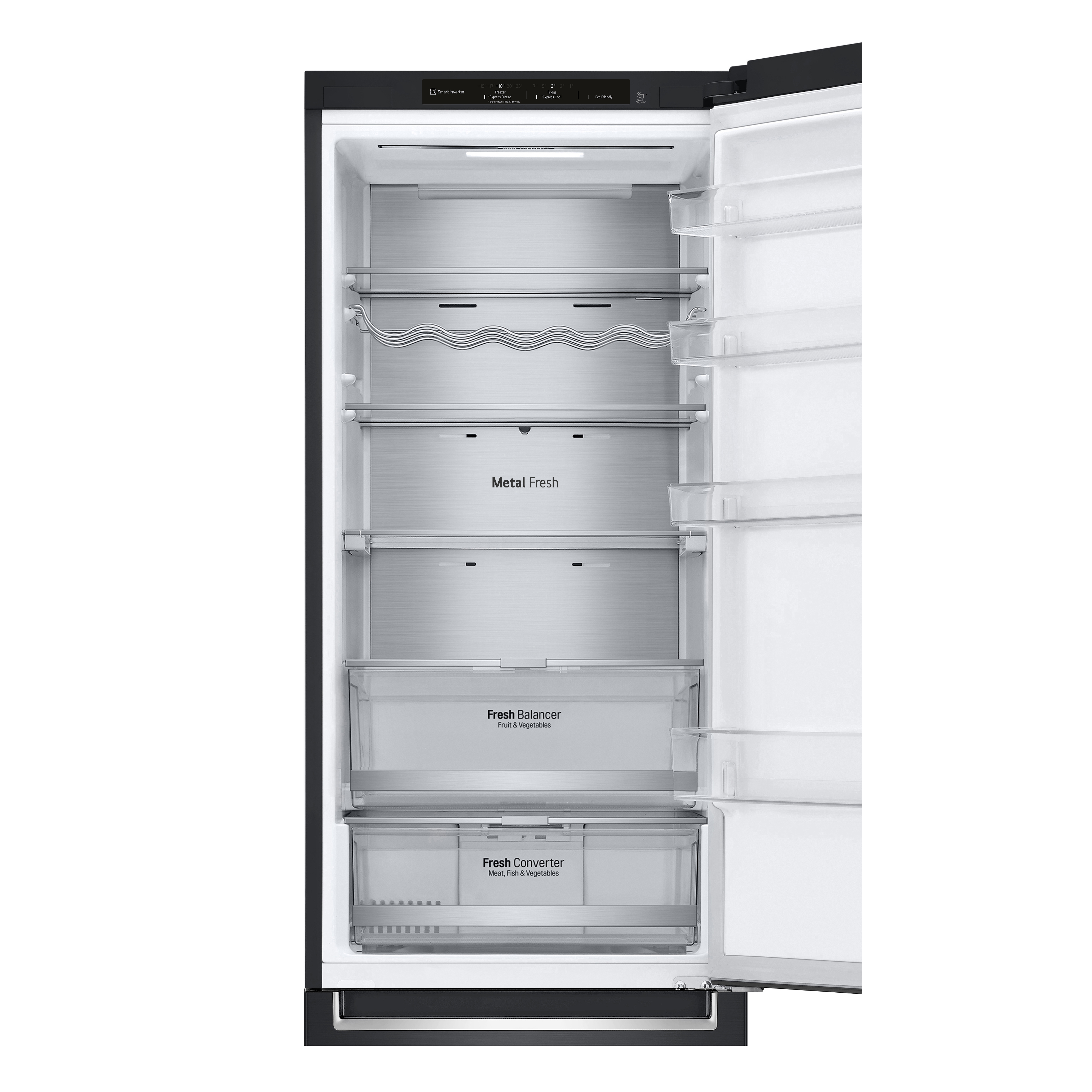Frigorifero aperto con più ripiani. Etichette Metal Fresh, Fresh Balancer e Fresh Converter.
